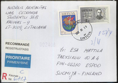 Liettua Mi 752 ym kirjattu kirje Suomeen