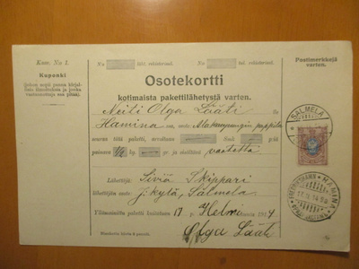 1914 Salmela ven leima osoitekortti Haminaan