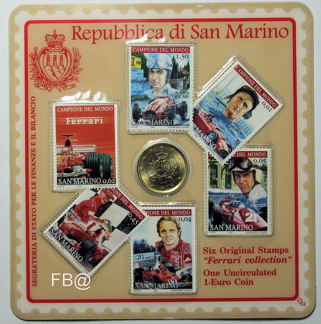 2002 San Marino 1 euro + Ferrari postimekkejä
