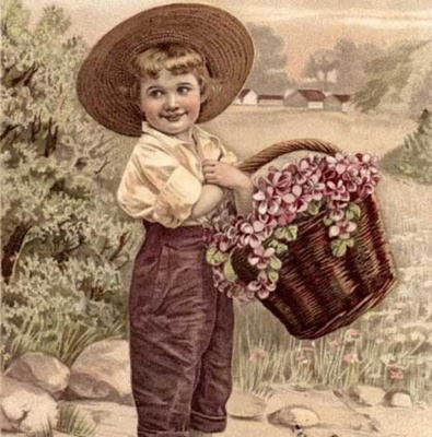 LAPSET / Viktoriaanisen ajan poika ja orvokkikori. 1900-l.