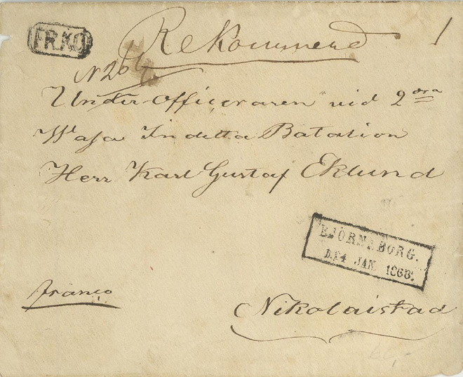 1868 kirjattu (recom. in specie) kirje  Porista Vaasaan