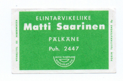 Porin Tulitikkutehdas Matti Saarinen. Pälkäne Etiketti