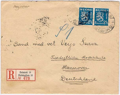 1932 2,5mk sininen leijona pari R-kirjeellä Saksaan