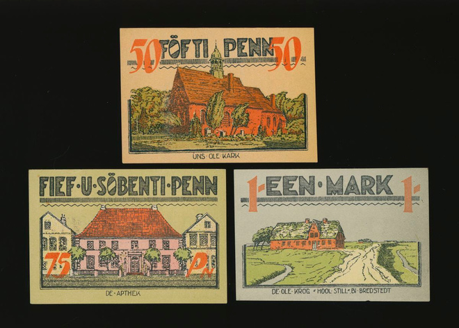 Saksa Notgeld 50, 75 Pfg, 1 Mark, Bredstedt 1921