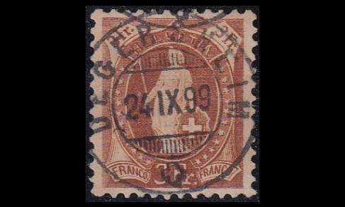 Sveitsi 60D o Seisova Helvetia 30 C (11½:12) Loisto (1882)