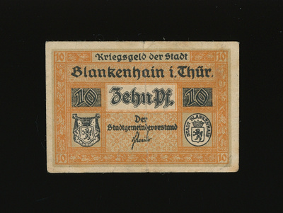 Saksa Notgeld 10 Pfennig, Blankenhain 1918 VF