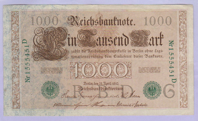Saksa 1000 Mark Reichsbanknote v.1910 P-45b