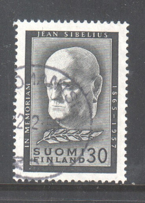 1957 Sibeliuksen surumerkki kaunisleimaisena.