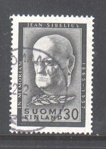 1957 Sibeliuksen surumerkki kaunisleimaisena.
