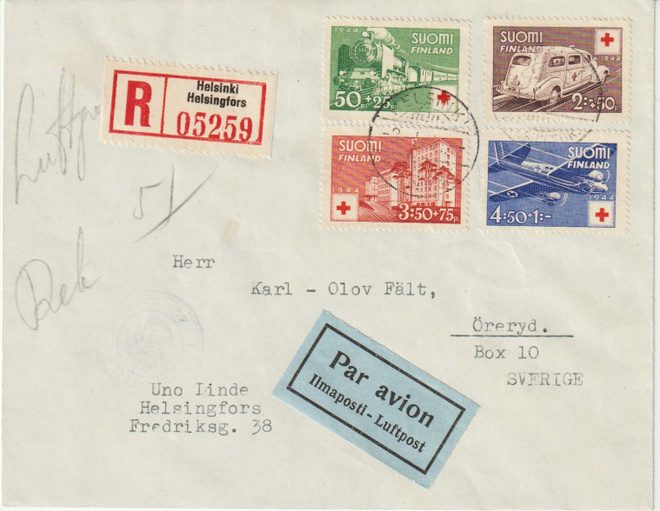 1944 Punaisen Ristin fdc-kirje Ruotsiin, kirjattu ilmakirje