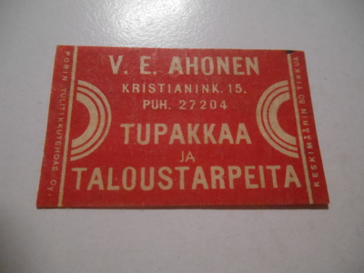 TT Etiketti V.E.Ahonen Tupakkaa ja Taloustarpeita