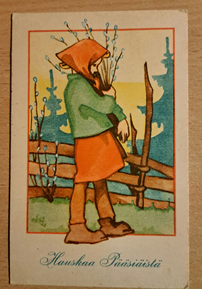 tyttö poimii pajunoksia, sign?  kulkenut 1943