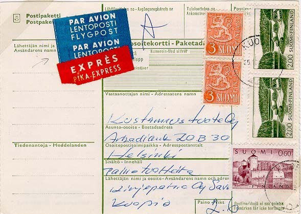 M63 1965 pikapaketti lentopostitse Kuopiosta Hkiin