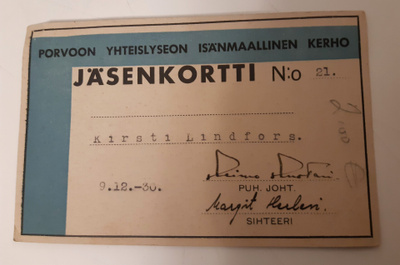 Porvoon yhteislyseon isänmaallisen kerhon jäsenkortti 1930