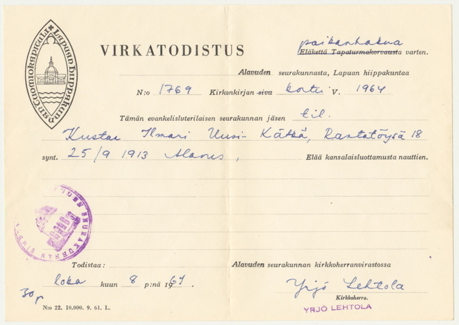 Virkatodistus paikanhakua varten Alavus 1964