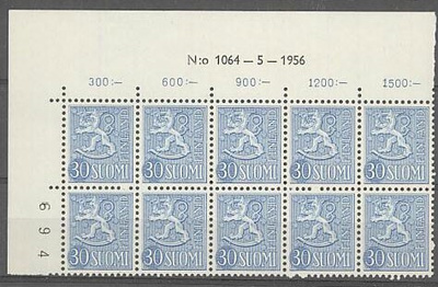 1956 30 (mk) sininen nro-10lö 1064 ++