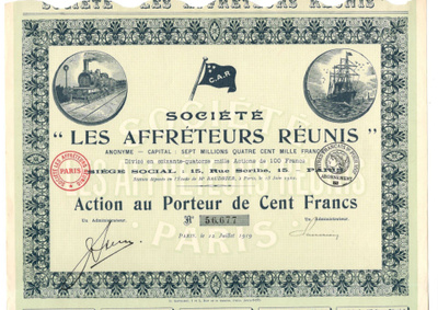 OKK osakekirja Les Affreteurs Reunis - Pariisi 1919