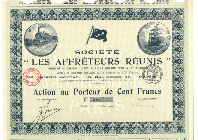 OKK osakekirja Les Affreteurs Reunis - Pariisi 1919