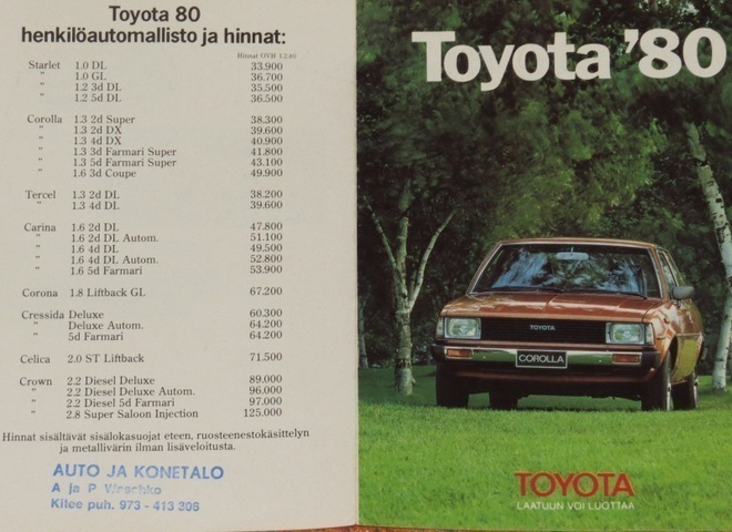 1980 Toyota mallisto esite - suom - KUIN UUSI - Kitee