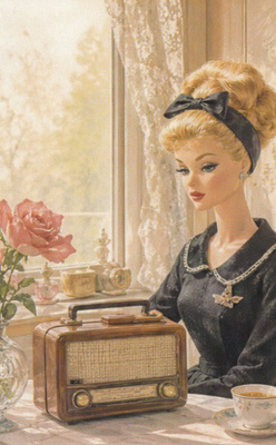 Barbie ja retroradio (postikortti)