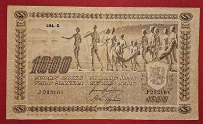 1000 mk 1922, taitoksia, pehmeä, ei rissi, ei keskir. (KD20)