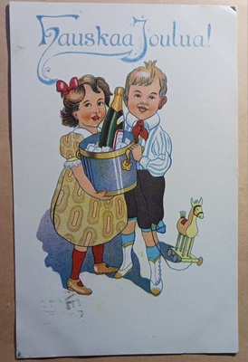 Lapset tuovat pullon kuohuvaa Joulujuomaa, p. 1912 + rivil.