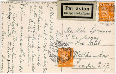 M30 1932 1,25mk kelt.leijona 2 kpl lentokortti Englantiin