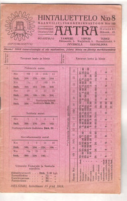 Aatra, Hintaluettelo, 1918.
