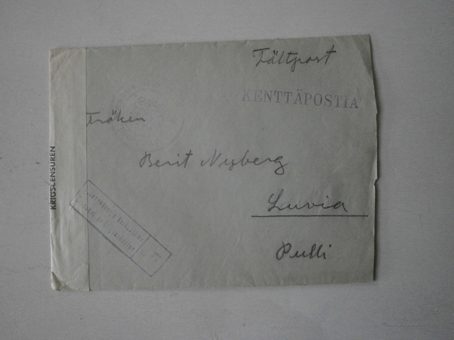 Kenttäpostia, Jv koul.kesk. nr 7, tulol. 15.2.1940 + sens.