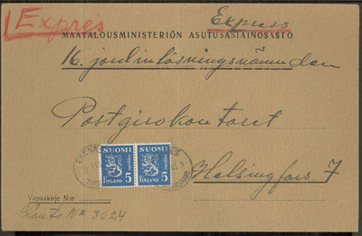 M30 1945 5mk sininen pari virkakirjeen pikamaksuna