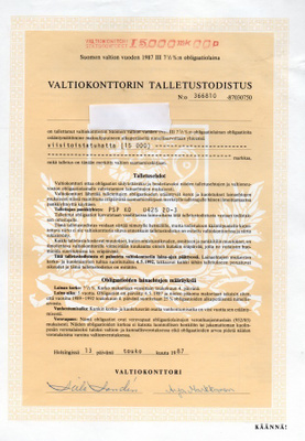 Valtiokonttorin talletustodistus vuodelta 1987 III 7 1/2 %