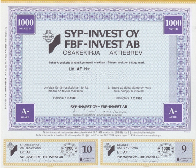 OKK 1988 SYP-Invest Oy spec, Helsinki pörssi osakekirja