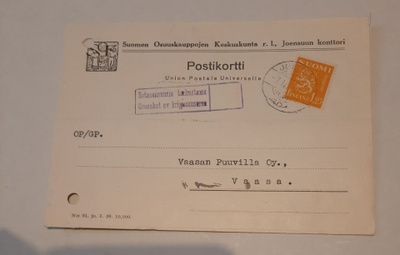 Firmakortti, sensuuri Joensuun konttori, SOK 1940
