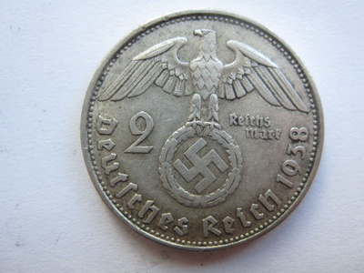 Natsi-Saksa 2 Reichsmark 1938 B Hindenburg hopeaa