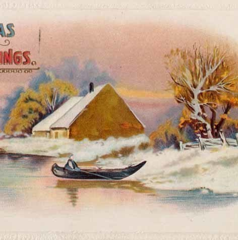 ANTIIKKIKORTTI / Talo joen rannalla, mies ruuhessa. 1900-l.