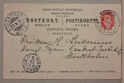 1901 10p Kivip, postikortti Ruotsiin, kielletty käyttö(1394)