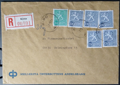 Kirjattu kirje postista KIMO 1971 käyttömerkein Hkiin