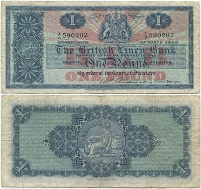 Skotlanti British Linen Bank 1 Pound 1962 (P-166a) VF-