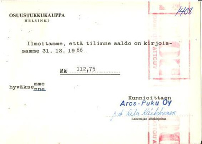 FIRMAKORTTI AROS-PUKU HELSINKI 10