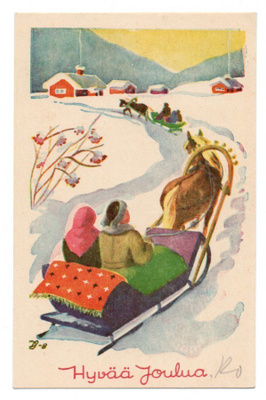 Ikivanha postikortti . Hyvää Jolua. Rekiajelulla.
