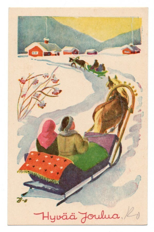 Ikivanha postikortti . Hyvää Jolua. Rekiajelulla.