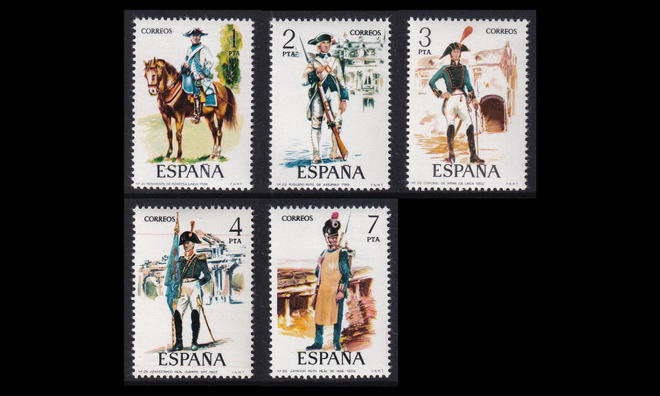 Espanja 2169-73 ** Sotilasuniformuja (1975)