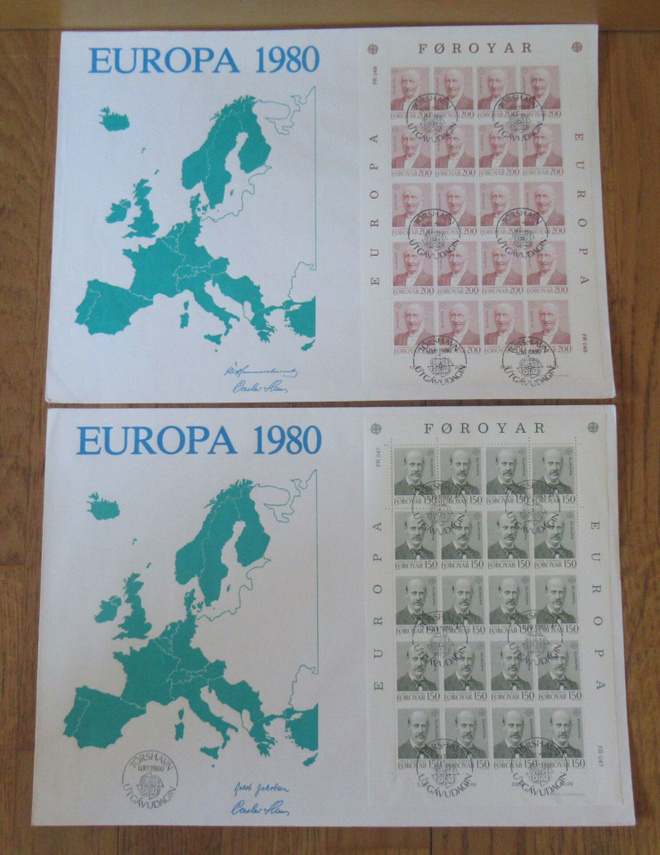 2 isoa kirjekuorta Europa 1980 loistoleimatuilla arkeilla
