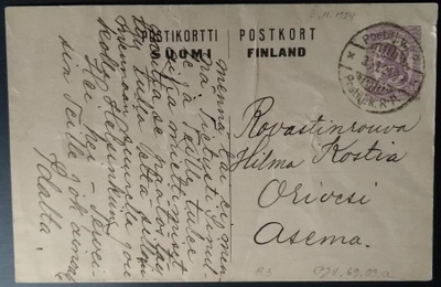 Postiljoonivaunuleima Rauma-Peipohja ehiöllä 1924
