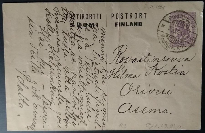 Postiljoonivaunuleima Rauma-Peipohja ehiöllä 1924
