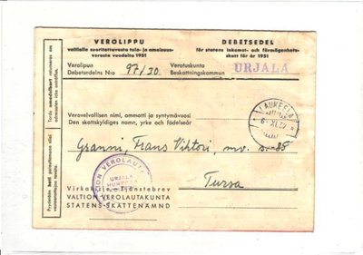 VEROLIPPU LAUKEELA URJALA RIVILEIMA+TURSA PYÖRÖLEIMA