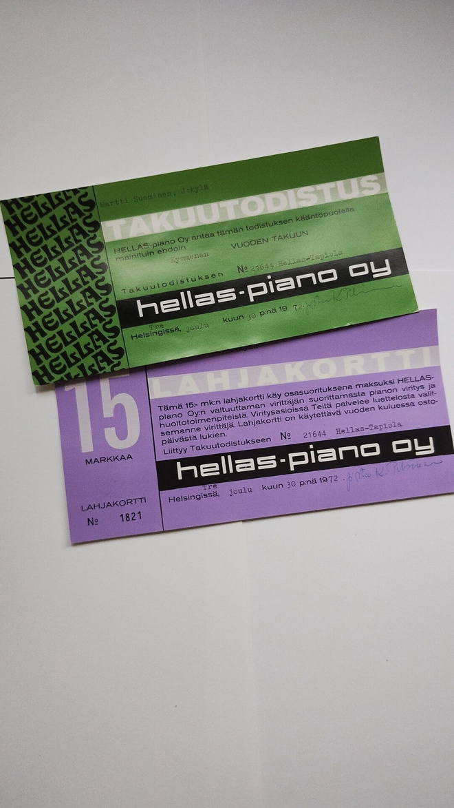 Hellas-piano Oy Takuu todistus v.1972