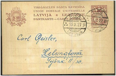 Latvia 1927 15 santimin ehiökortti Suomeen