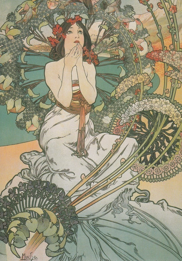 Alphonse Mucha: Mustatukkainen nainen, vihreää