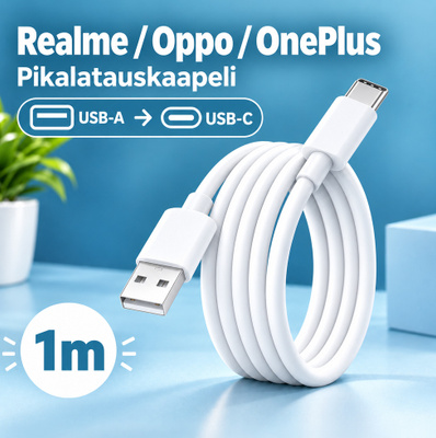 Valkoinen Realme/Oppo/OnePlus USB-A -> USB-C johto/1m #32182